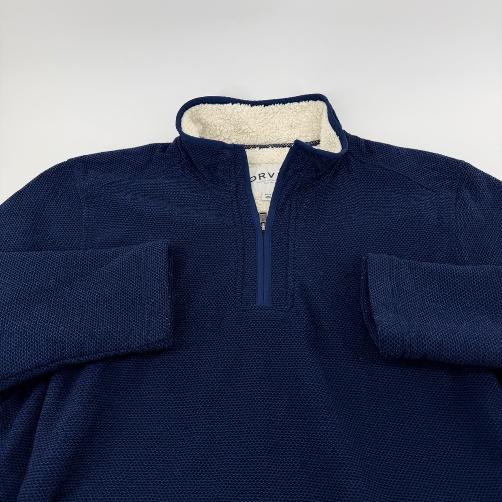Orvis Sherpa Lined Quarter Zip Pullover Waffle Knit Sweater XXL Navy Blue